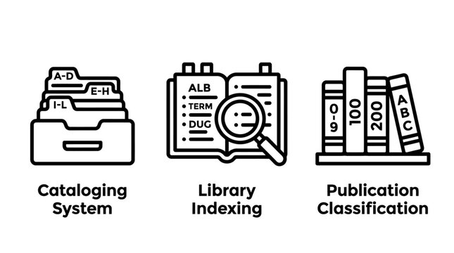 Set of library science and publication classification system icons for academic indexing and organization with indexing classification publication organization academic research documentation
