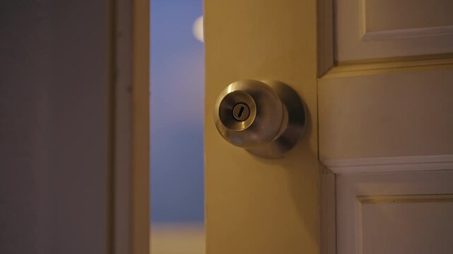 Close Up View of Interior Door Slowly Opening to Narrow Gap Before Suddenly Slamming Shut, Suspense, Fear, Home Intrusion, Horror Scene