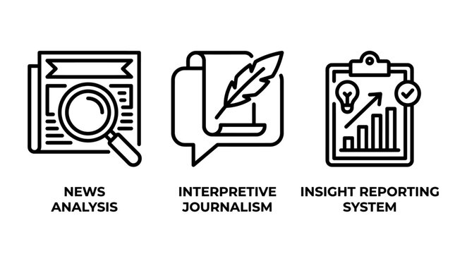 Set of three line icons representing news analysis interpretive journalism and insight reporting systems analysis interpretive journalism reporting research investigation business information