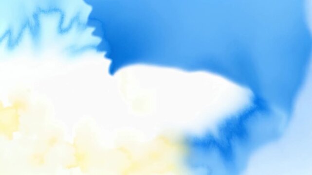 ​A gentle and artistic motion graphic featuring soft watercolor textures. The animation displays fluid blue and subtle yellow paint pigments bleeding, spreading, and mixing against a clean white backg