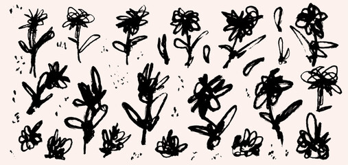 Set of abstract hand drawn floral with acrylic paint texture in vintage art style. Artistic nature flower composition for spring, summer season, botanical print, modern wall art, greeting cards. © Anatoliy