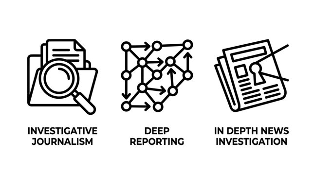Investigative journalism and research linear icon set with investigative journalism reporting research investigation document magnifying connection analysis information discovery isolated