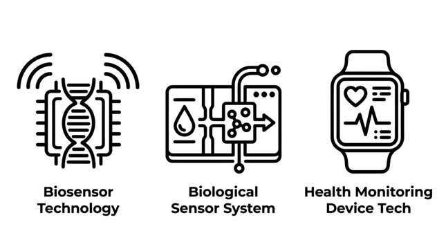 Biosensor technology and health monitoring smartwatch icons set with biosensor technology smartwatch biotechnology wearable electronics innovation healthcare diagnostic monitoring wireless
