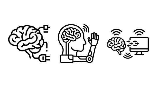 Brain computer interface and neural technology icon set with computer interface technology connection cybernetics communication robotics prosthetic cognitive neurology innovation research