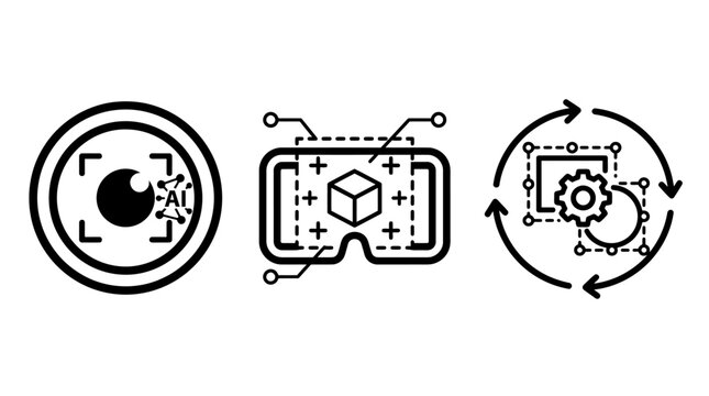 Computer vision ar headset and image processing workflow outline icons set representing machine learning technology with augmented computer processing workflow learning technology interface