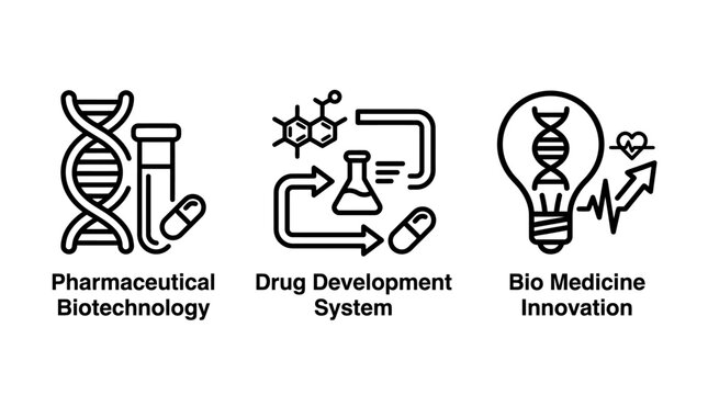 Bio-medical innovation and pharmaceutical development infographic icons with pharmaceutical biotechnology development biomedicine innovation genetics medicine research chemistry biomedical