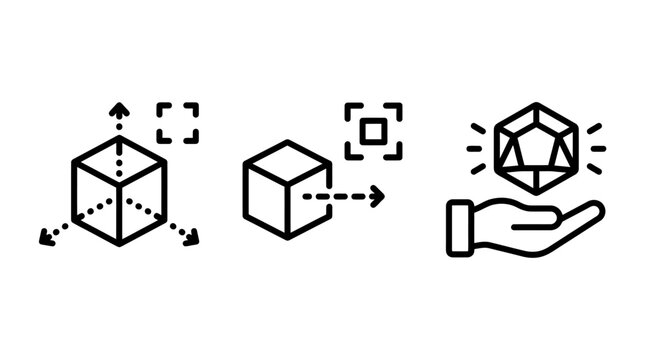 3D object manipulation and digital interaction line icon set with geometry interaction transformation modeling interface manipulation development structure technical visualization software