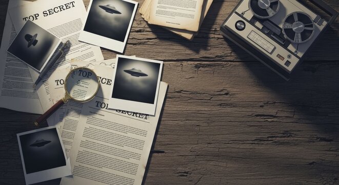 UFO investigation with top secret documents and vintage tape recorder on wooden desk.