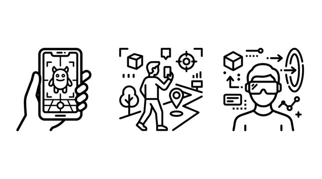 Augmented reality mobile gaming and wearable technology icons with augmented technology navigation interaction interface graphics advanced computing development software electronics
