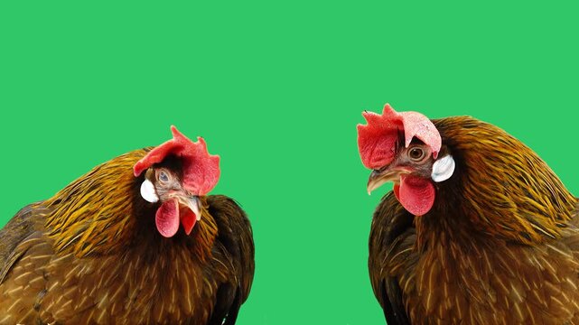 Rooster crows first followed by hen clucking with natural sound. green screen