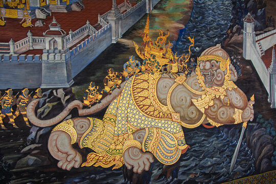 Bangkok, Thailand. December 14, 2013, Mural depicting Hanuman carrying characters from the Ramakien epic across the ocean, a scene from Thai mythology and tradition