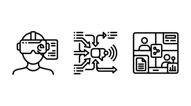 Virtual reality experience icons set featuring immersive headsets and digital communication technology communication innovation simulation metaverse connection interaction streaming software