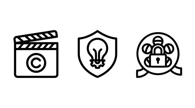 Film copyright protection and creative intellectual property icons with copyright protection intellectual property creative security innovation production ownership business management