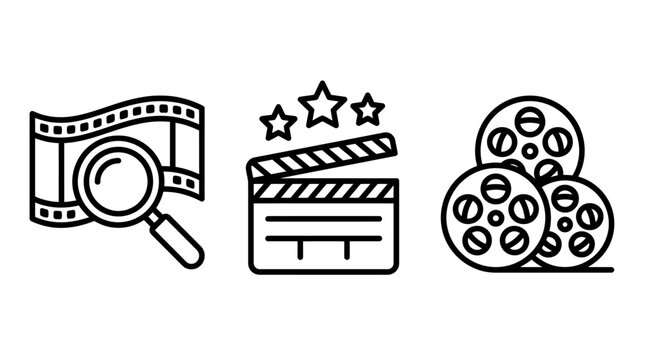 Cinema and film production icons including film strip magnifier movie clapperboard film reel collection clapperboard magnifier production entertainment industry graphics director