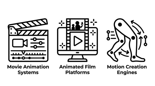 Movie systems and motion capture technology icons with animation software timeline skeleton movement creative production graphics interface professional industry technology computer