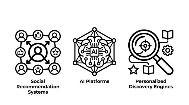 Social recommendation AI and personalized discovery icons with intelligence artificial recommendation discovery personalized magnifying algorithm technology learning interaction internet