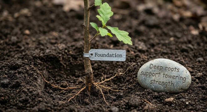 Young oak seedling with foundation tag and visible roots in soil