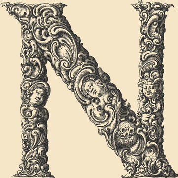 Ornate decorative letter N in stipple engraving style	