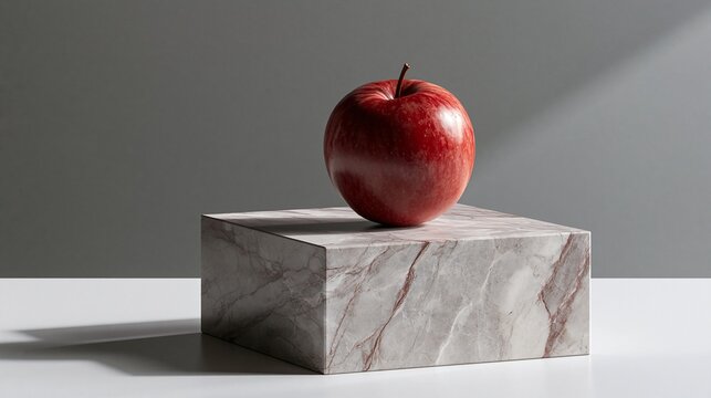Red apple on marble block against gray background