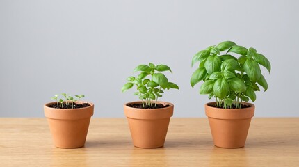 Fototapeta premium Three Green Basil Plants Growing in Terracotta Pots at Different Stages, Ideal for Gardening and Culinary Use