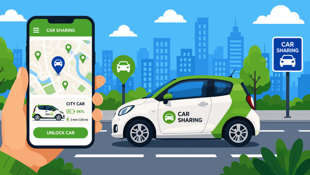 Flat vector illustration of a car sharing service mobile application. Smartphone interface showing vehicle location, battery status and booking option with eco-friendly city car for urban mobility.