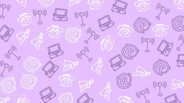A playful and charming seamless pattern featuring hand-drawn communication icons like telephones laptops and wifi signals on a light purple backdrop. Perfect for digital design and backgrounds.