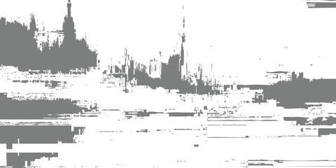 Fototapeta premium Abstract black and white city skyline glitch texture with distorted digital noise and monochrome pixel architecture