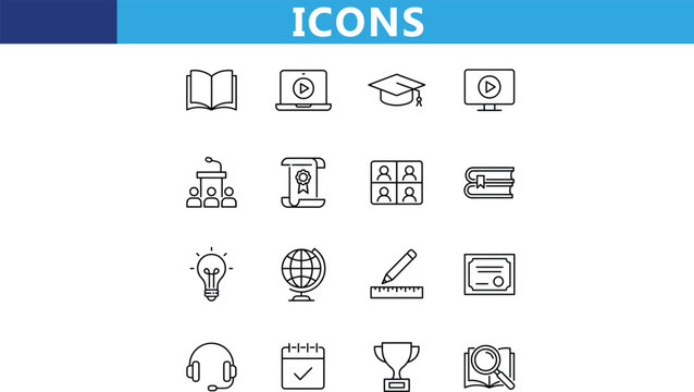 Set of education and learning icons in a clean modern line art style for digital concepts