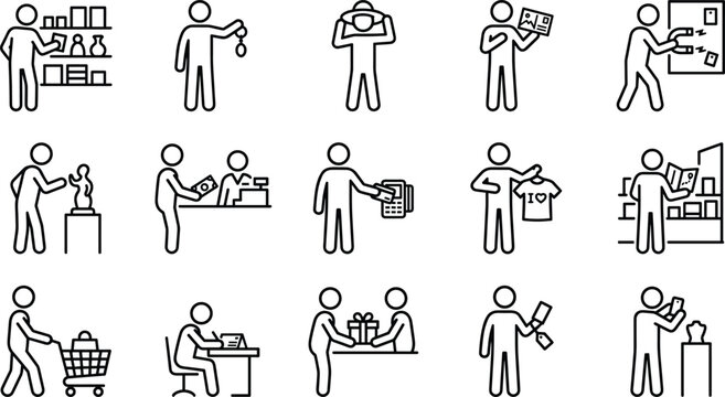 Set of black line icons showing people shopping and retail activities in a store with customers buying products and paying with cards in a simple hand drawn sketch art style design