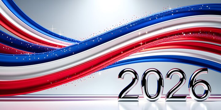 Sweeping Arrangement of Red White and Blue Satin Ribbons Forming Number 2026 on Light Background
