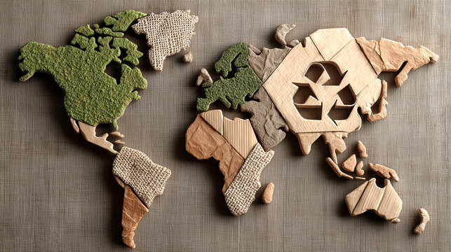 World map made of various recyclable materials symbolizes global sustainability and environmental awareness. continents are creatively represented with textures like wood, fabric, and grass