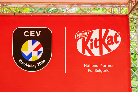 KitKat EuroVolley 2026 Partnership Banner. Promotional banner displays the CEV EuroVolley 2026 logo, Nestle KitKat branding with text National Partner for Bulgaria