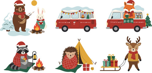 Fototapeta premium Set of cute woodland animals celebrating christmas with camping gear red camper vans presents and festive winter decorations on a white background design element