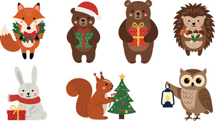 Fototapeta premium Set of cute woodland animals celebrating christmas including a fox bear hedgehog rabbit squirrel and owl with holiday gifts and festive decorations isolated