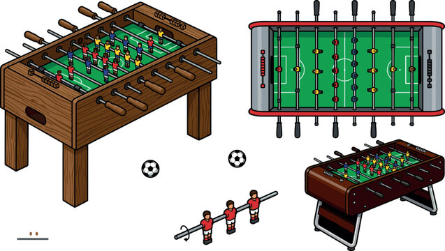 Table Football Foosball Game Vector Illustration Set Featuring Isometric Wooden Tables, Top View Field, Soccer Balls, and Miniature Toy Players for Arcade Designs