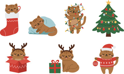 Fototapeta premium Set of cute hand drawn cat illustrations for christmas featuring festive decorations gifts a decorated tree and holiday clothing on a white background