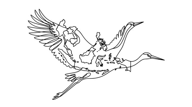 Abstract line art stork flying, body filled with map outlines, symbolizing travel and global connection