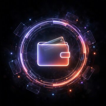 Futuristic digital wallet in a glowing tech ring, suggesting agentic e commerce, autonomous payment, and ai driven checkout automation.