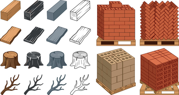 Construction Materials Vector Illustration Set Featuring Red Bricks on Wooden Pallets, Timber Lumber Blocks, Tree Stumps, and Bare Branches for Building Designs