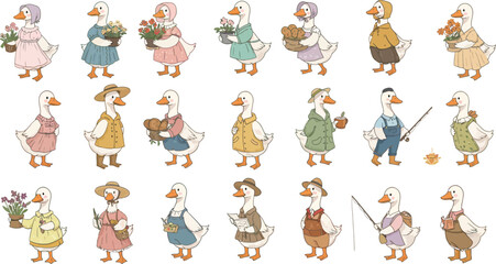 Obraz premium A collection of cute hand drawn watercolor geese characters wearing vintage clothes and accessories standing in a white background for nursery wall art