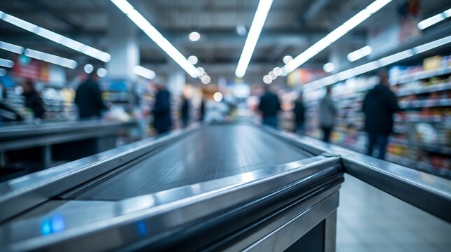 Close up of empty supermarket checkout metal belt with blurred busy retail store atmosphere