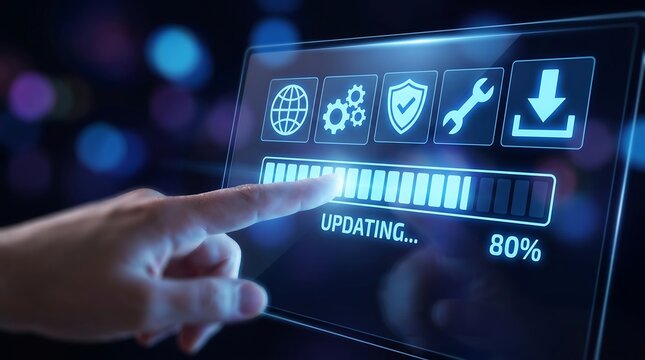 Human finger touching software update progress bar on transparent digital screen at eighty percent