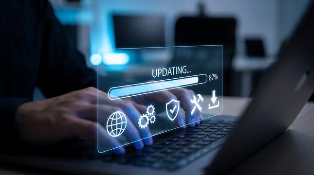 Software update process on laptop screen with progress bar and technical icons being activated