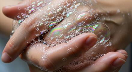 Fototapeta premium Close-up of Hands Washing with Abundant Soap Bubbles, Cleanliness Theme