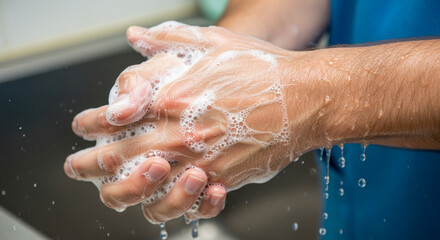 Fototapeta premium Hands washing with soap and water, full of foam and bubbles, close-up shot