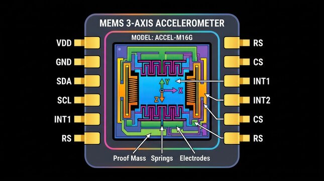 Mems three axis accelerometer sensor internal architecture diagram with electronic pinouts.