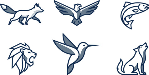 Obraz premium Minimalist Animal Logo Icon Vector Illustration Set Featuring Line Art Eagle, Fox, Fish, Lion, Hummingbird, and Howling Wolf for Branding and Corporate Identity Designs