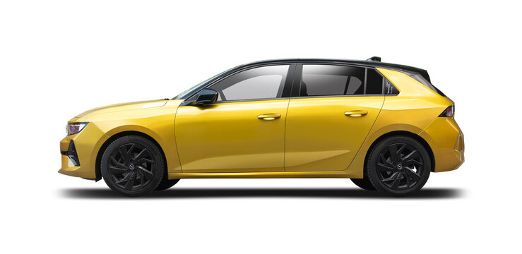 Opel Astra Modern yellow hatchback car isolated on white background, side view