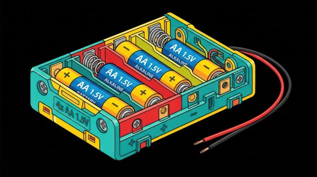 Industrial four aa battery pack with red and black wiring for circuit power integration.