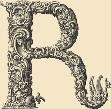 Ornate decorative letter X in stipple engraving style	